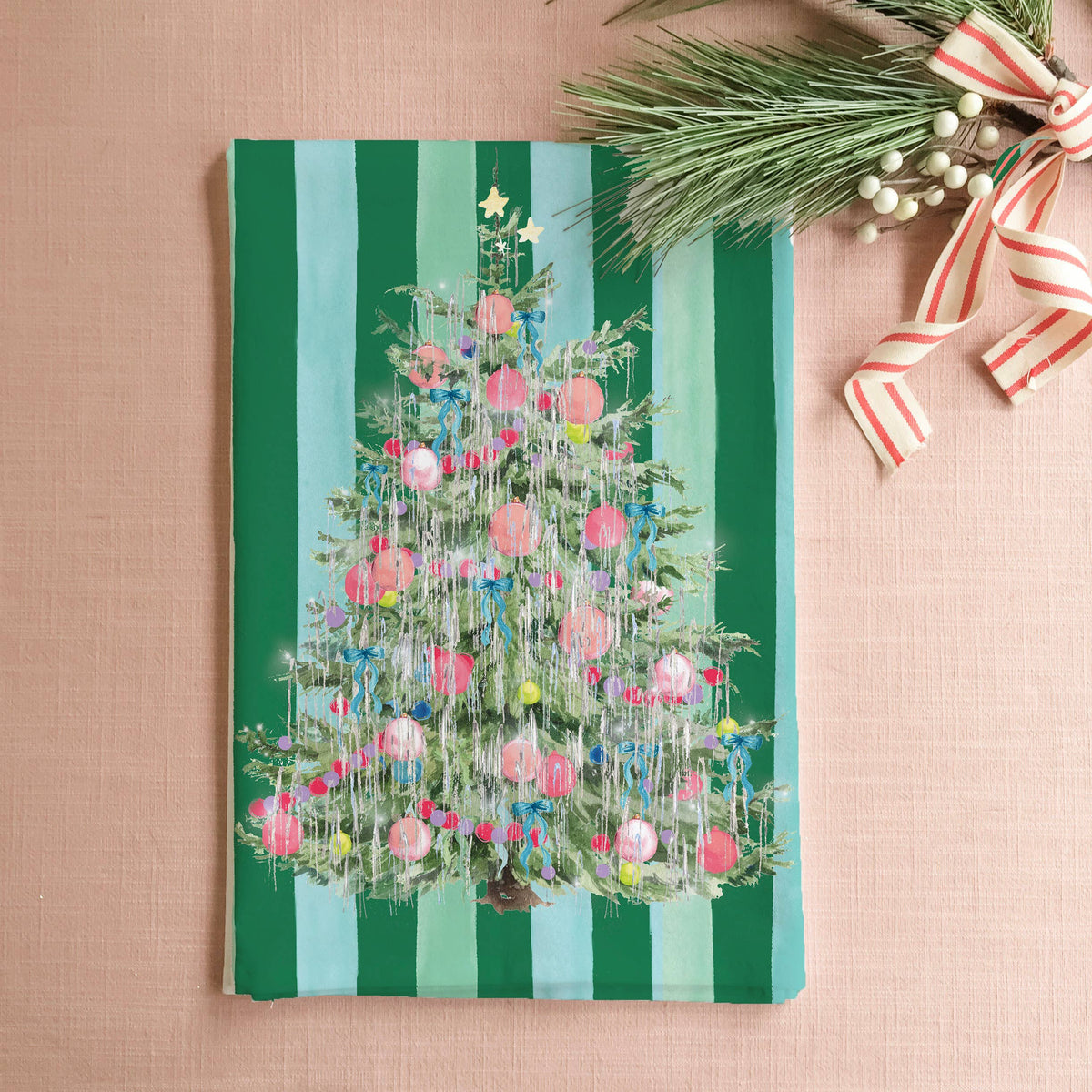 Vintage Tinsel Christmas Tree Holiday Tea Towel