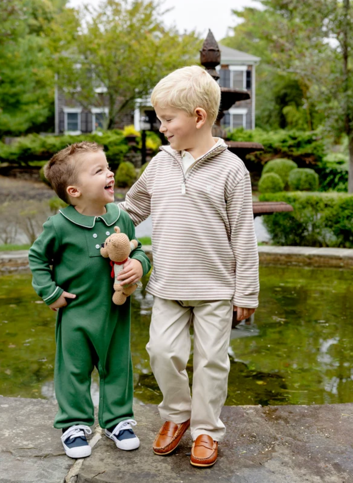 Benny Button Romper Grier Green Long Sleeve