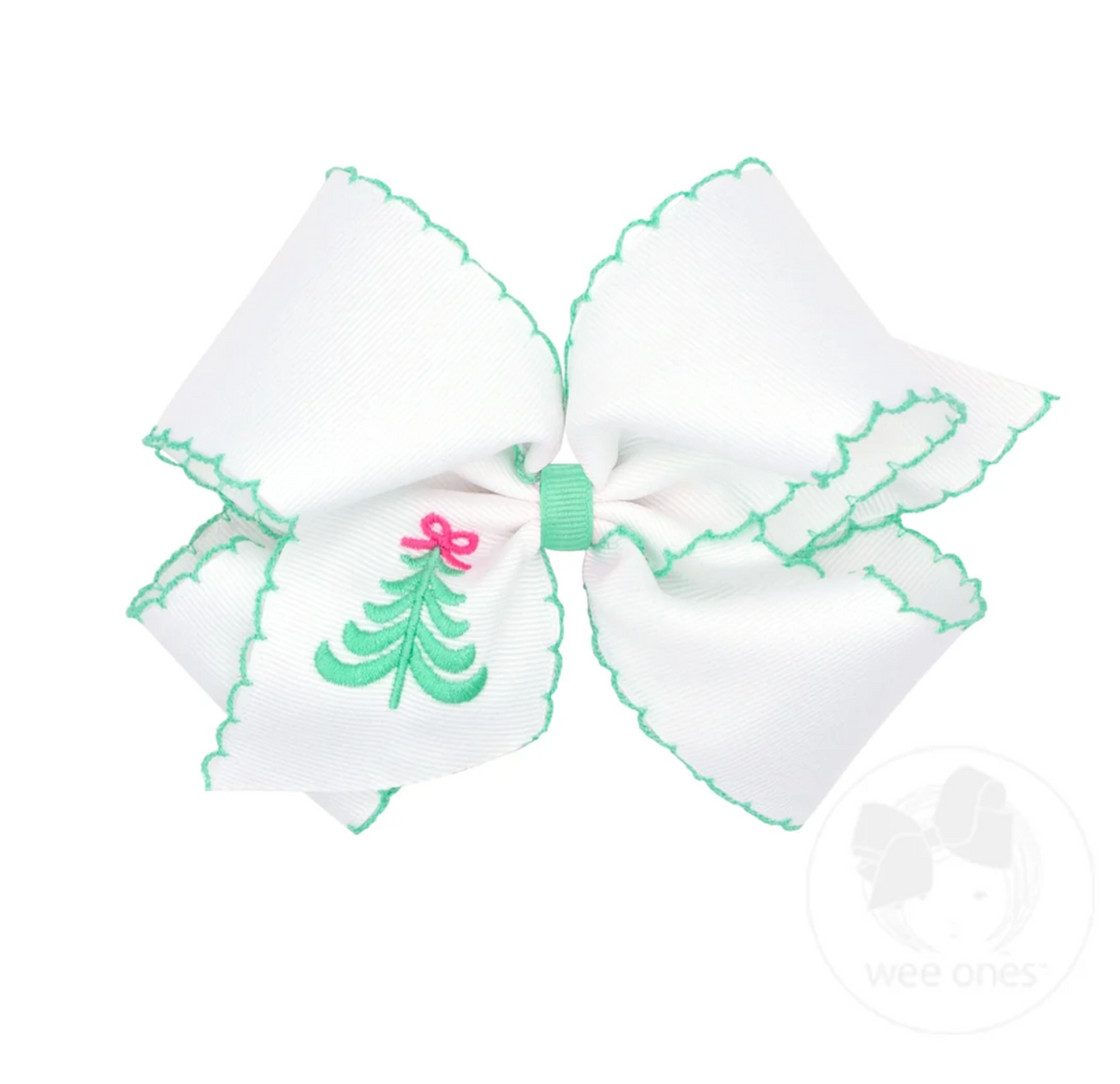 Mint Christmas Tree - King White Grosgrain Hair Bow with Mint Moonstitch Edge