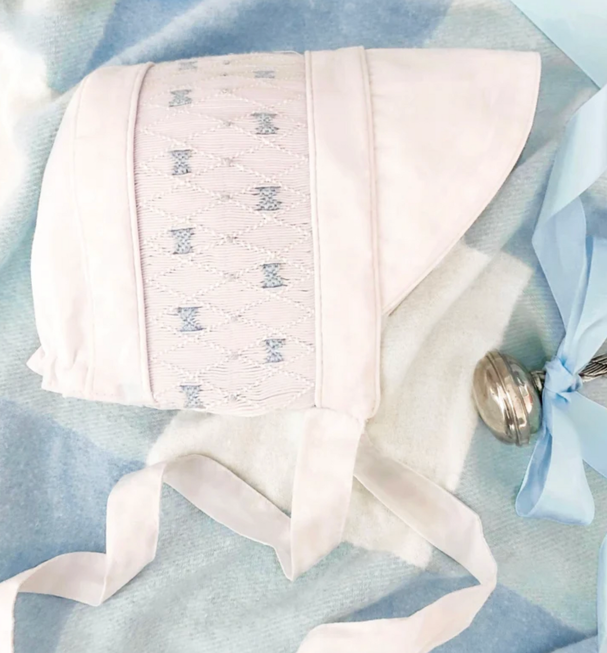 Sweetly Smocked Bonnet Buckhead Blue on Worth Ave White