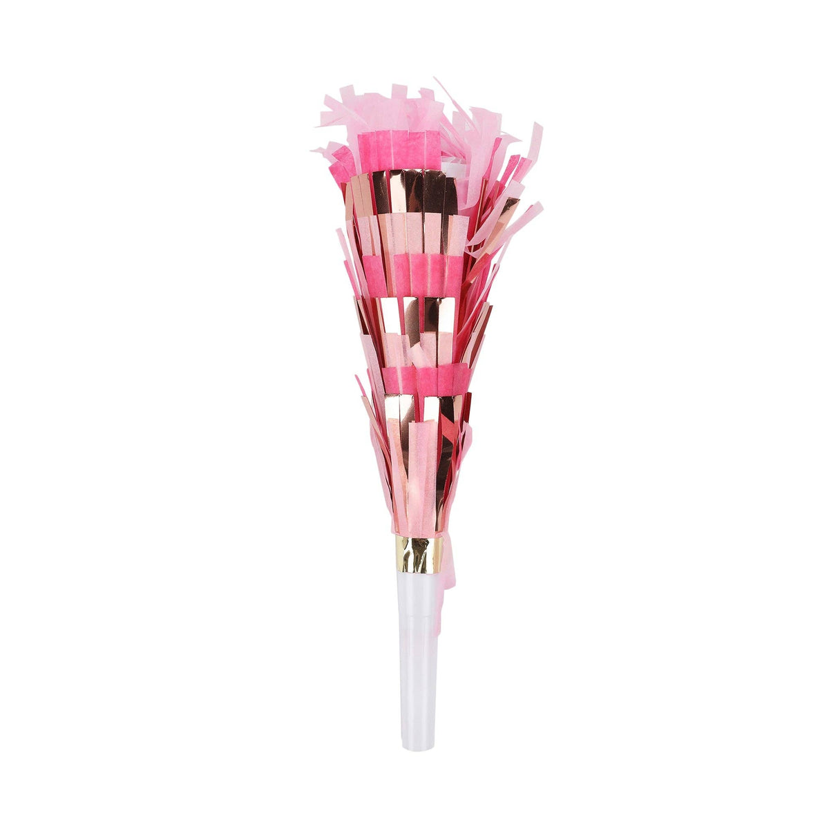 Decorative party horn with pink and rose gold tassels on a white background