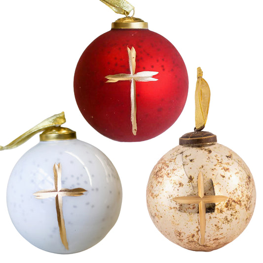 Cruix Glass Ball Ornament with Gold Cross Accent