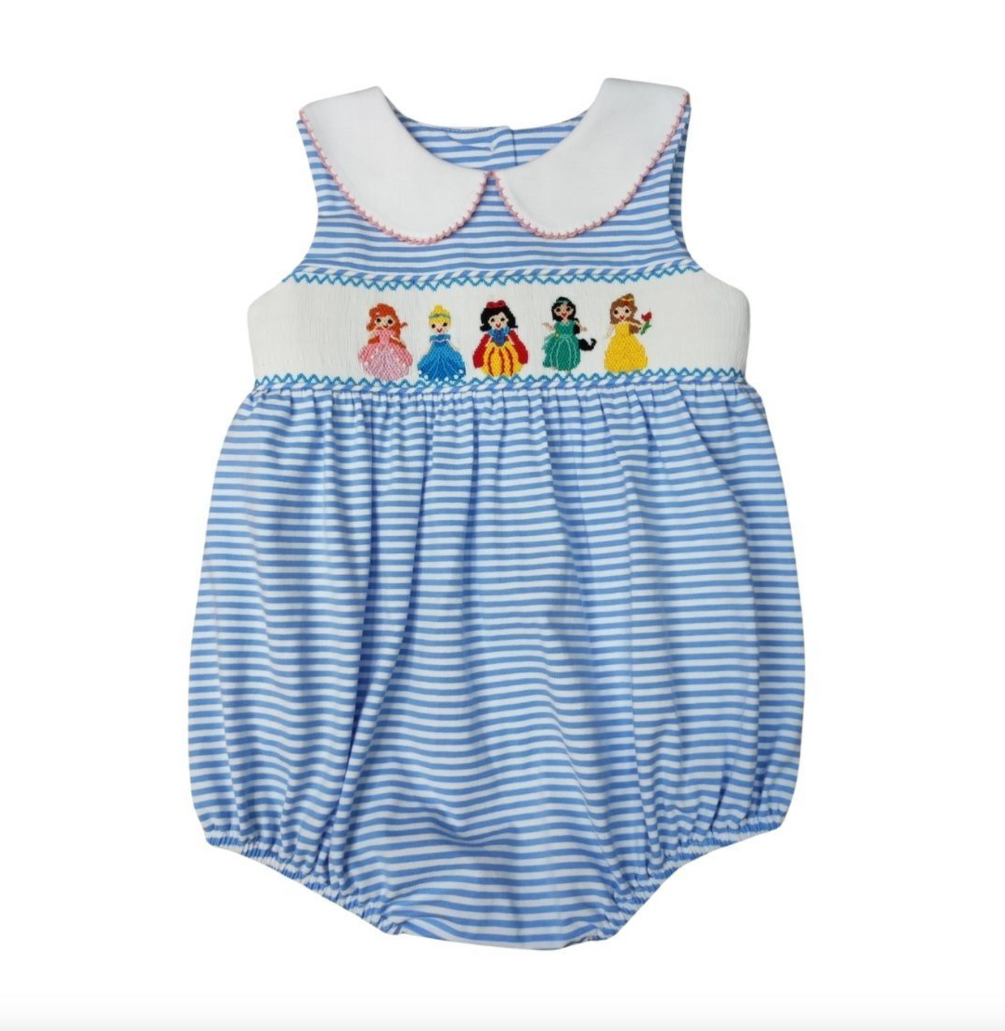Delaney Girls Princess Smocked Bubble - Blue White Mini Stripe Sleeveless