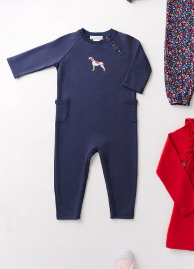 TBBC Rayburn Romper Nantucket Navy Dog Embroidery