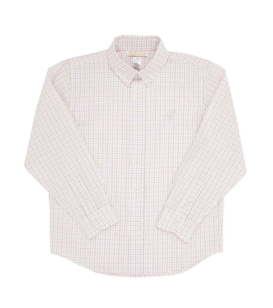 TBBC Deans List Dress Shirt Chelsea Chocolate & Parrot Cay Coral Windowpane