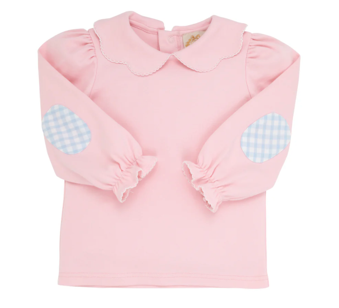 TBBC Emma's Elbow Patch Top & Onesie Palm Beach Pink with Worth Avenue White Picot & Beale Street Blue Gingham Elbow Patches