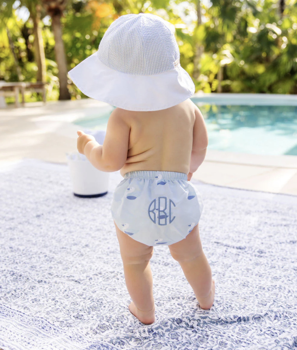 TBBC Sawyer Sun Hat Breakers Blue Seersucker with Worth Avenue White