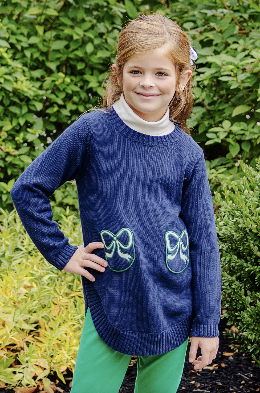 TBBC Terrell Tunic Nantucket Navy with Palmetto Pearl & Kiawah Kelly Green Bows
