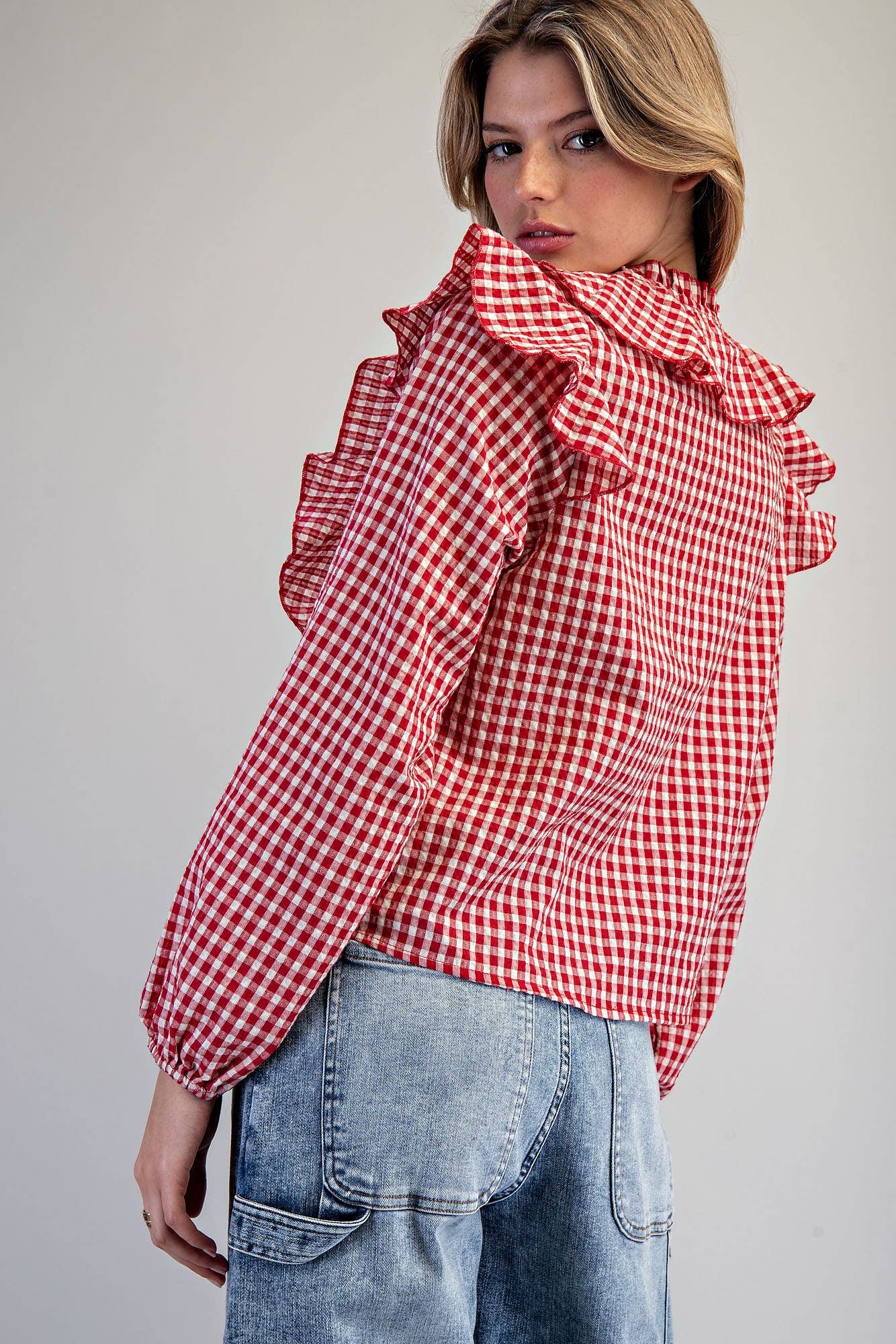 Red Gingham Ruffled Blouse