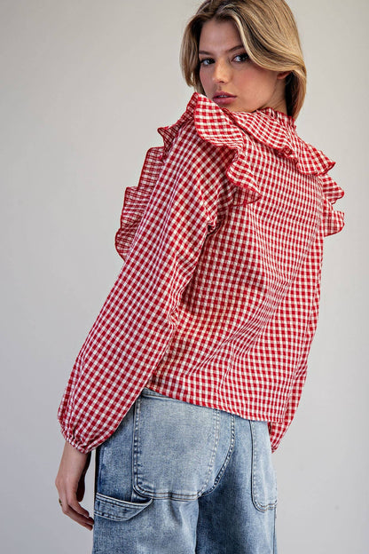 Red Gingham Ruffled Blouse