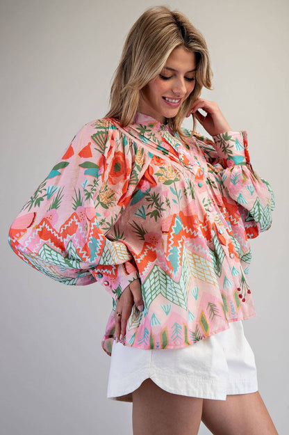 Ocean Pop Floral Pleated Down Blouse