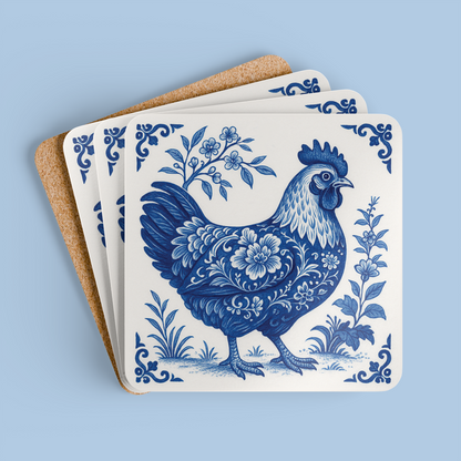 Chicken Coasters - Blue & White Delft Floral, Set of 4