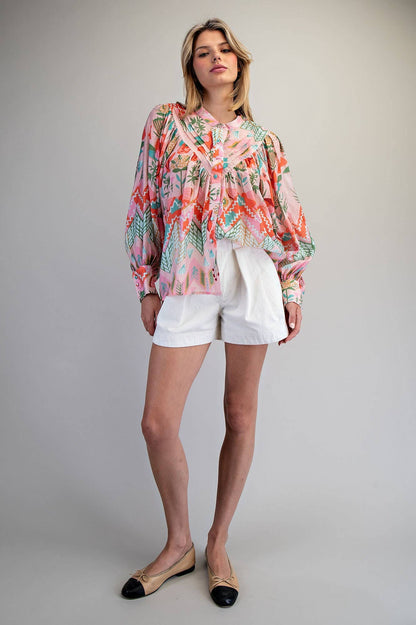 Ocean Pop Floral Pleated Down Blouse