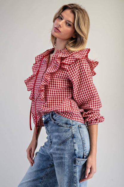 Red Gingham Ruffled Blouse