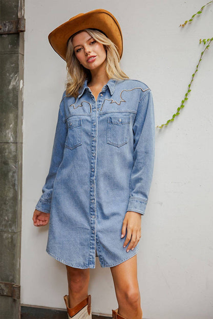Mineral Washed Embroidered Yoke Denim Mini Dress