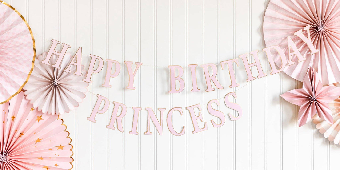 Pink 'Happy Birthday Princess' banner with decorative fans on a white background