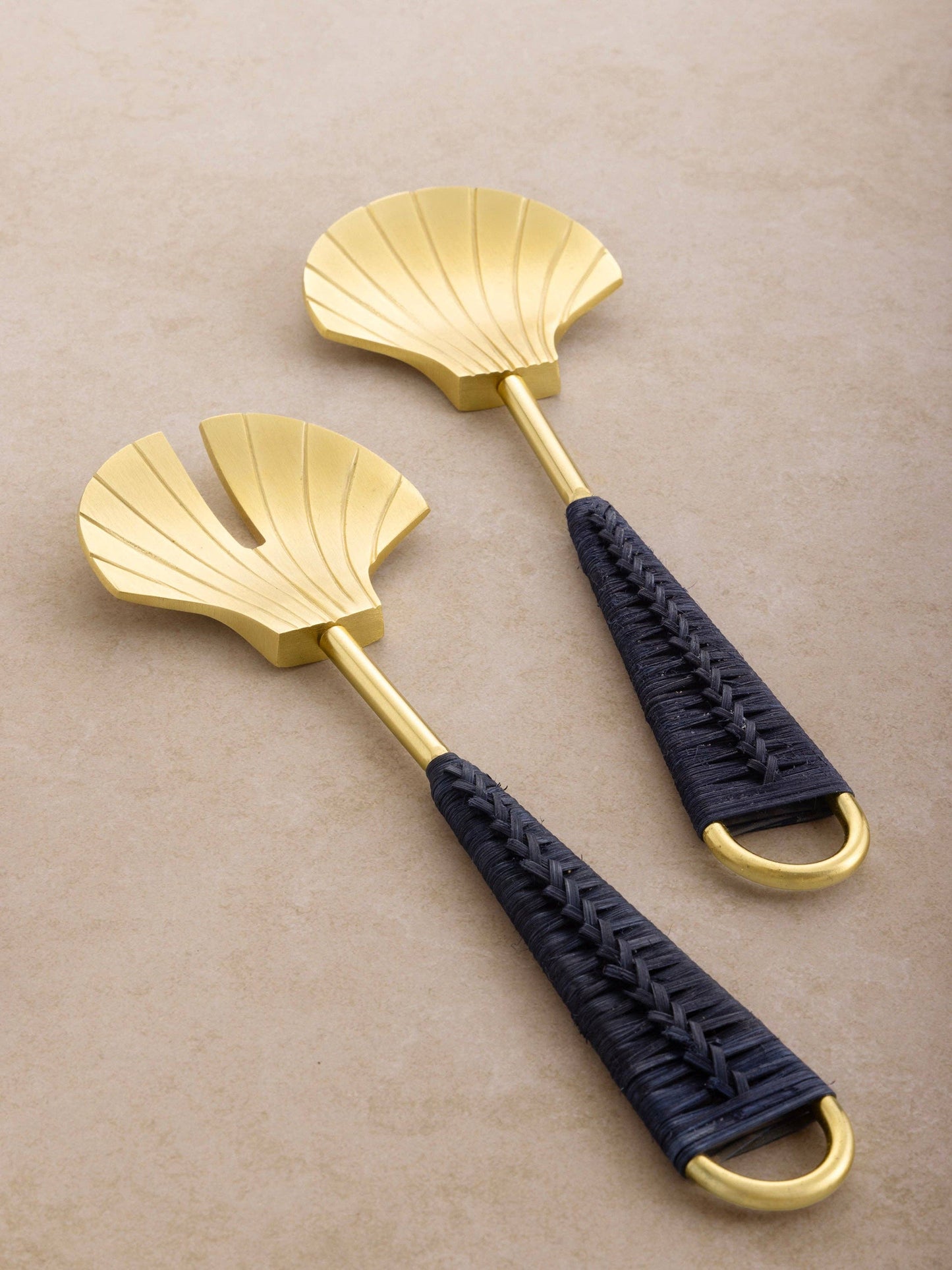 Vitali Shell Brass & Rattan Salad Servers