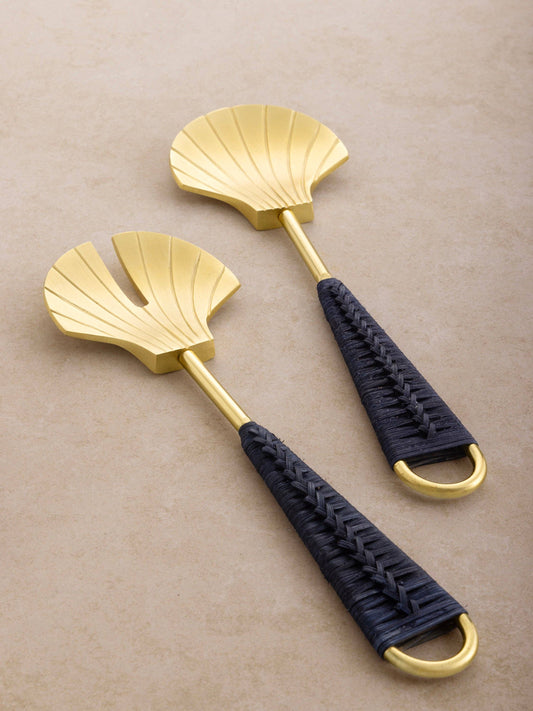 Vitali Shell Brass & Rattan Salad Servers