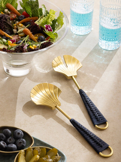 Vitali Shell Brass & Rattan Salad Servers