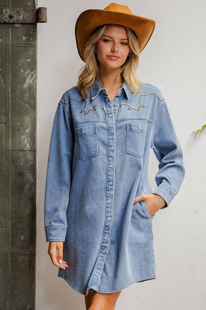 Mineral Washed Embroidered Yoke Denim Mini Dress