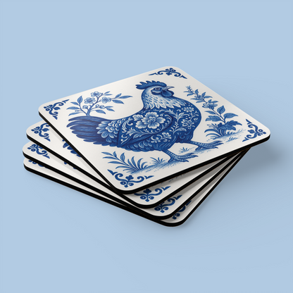 Chicken Coasters - Blue & White Delft Floral, Set of 4