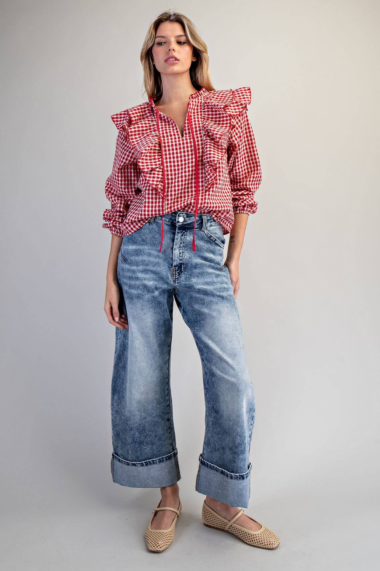 Red Gingham Ruffled Blouse