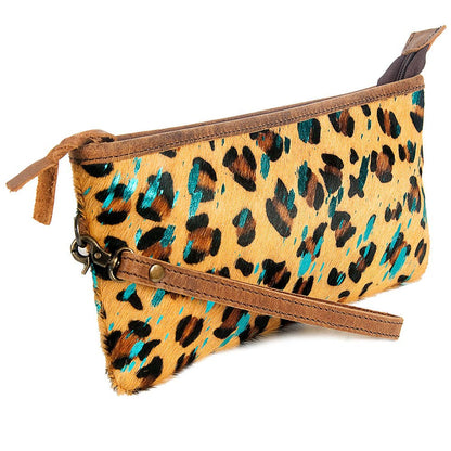 Wristlet - Cheetah Print Leather with Turquoise