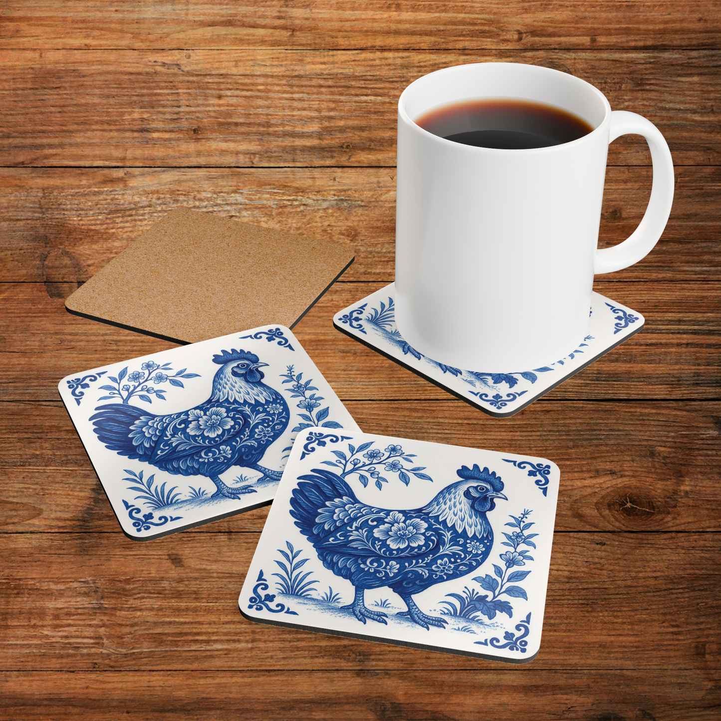 Chicken Coasters - Blue & White Delft Floral, Set of 4