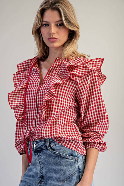 Red Gingham Ruffled Blouse