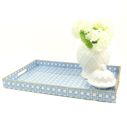 Rectangular Serving Tray, Blue Cane Print, Resin
