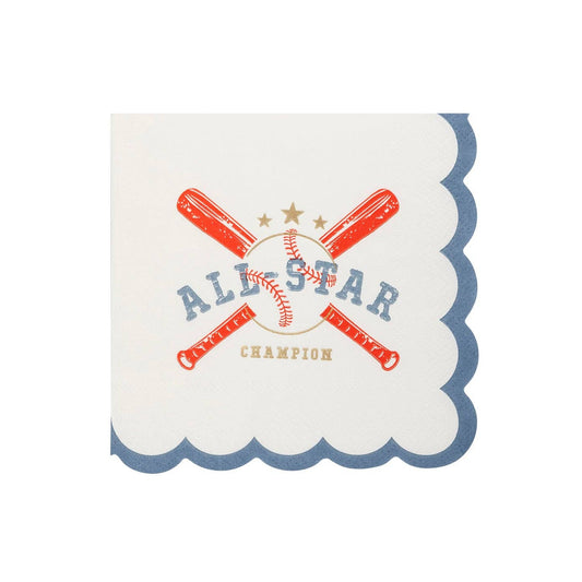 Napkin with baseball-themed design featuring crossed bats and 'All Star Champion' text on a white background.