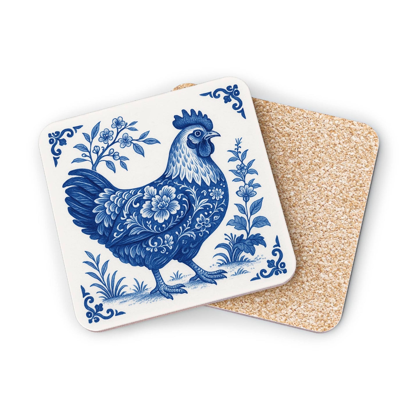 Chicken Coasters - Blue & White Delft Floral, Set of 4