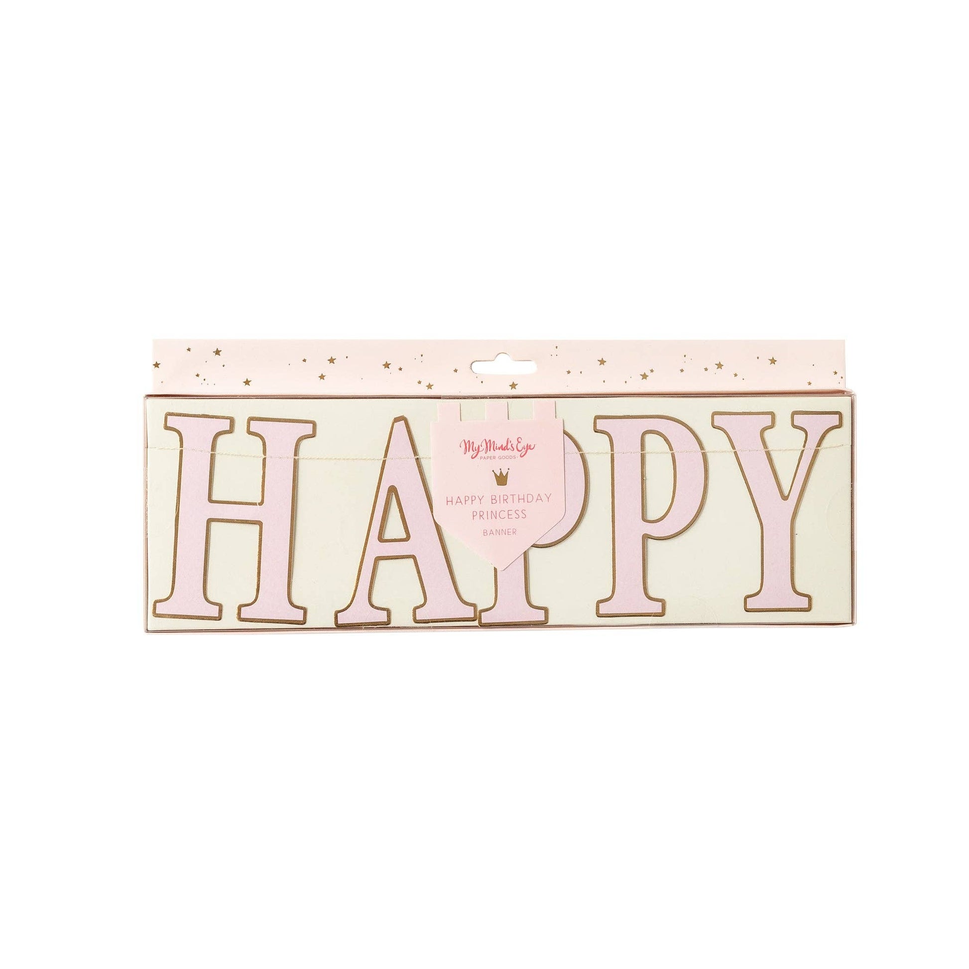 Decorative banner packaging with 'Happy' text on a cream background