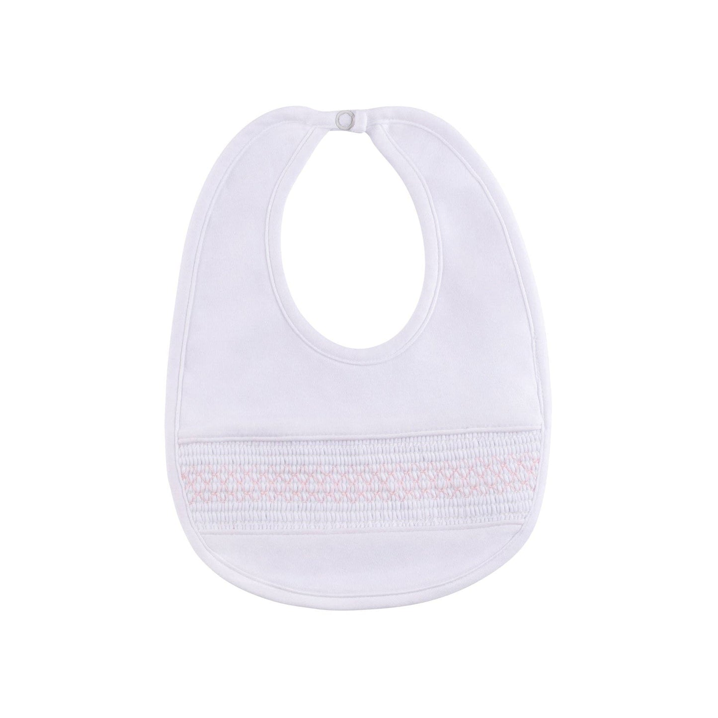 Smocked Bullion Bib - White with Blue or Pink