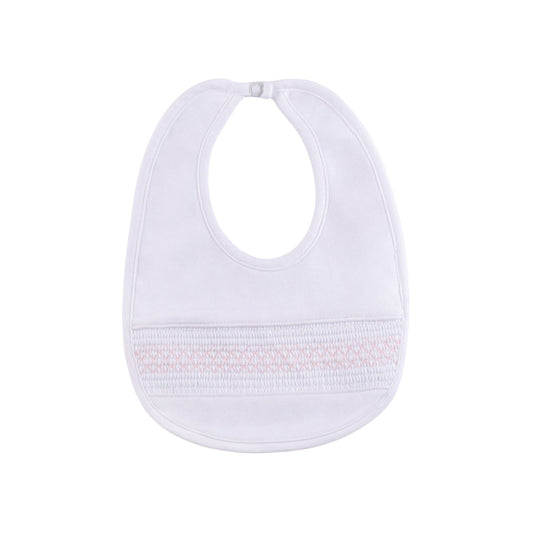 Smocked Bullion Bib - White with Blue or Pink