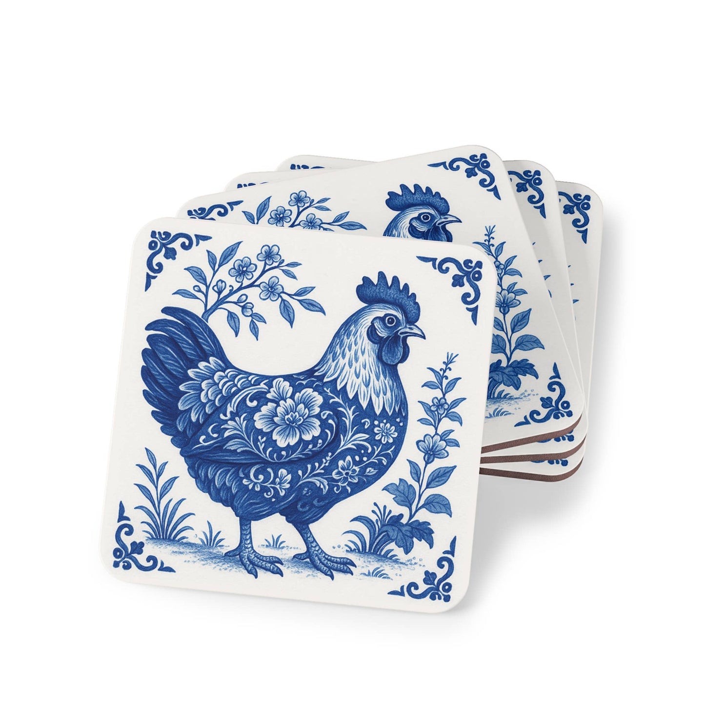Chicken Coasters - Blue & White Delft Floral, Set of 4