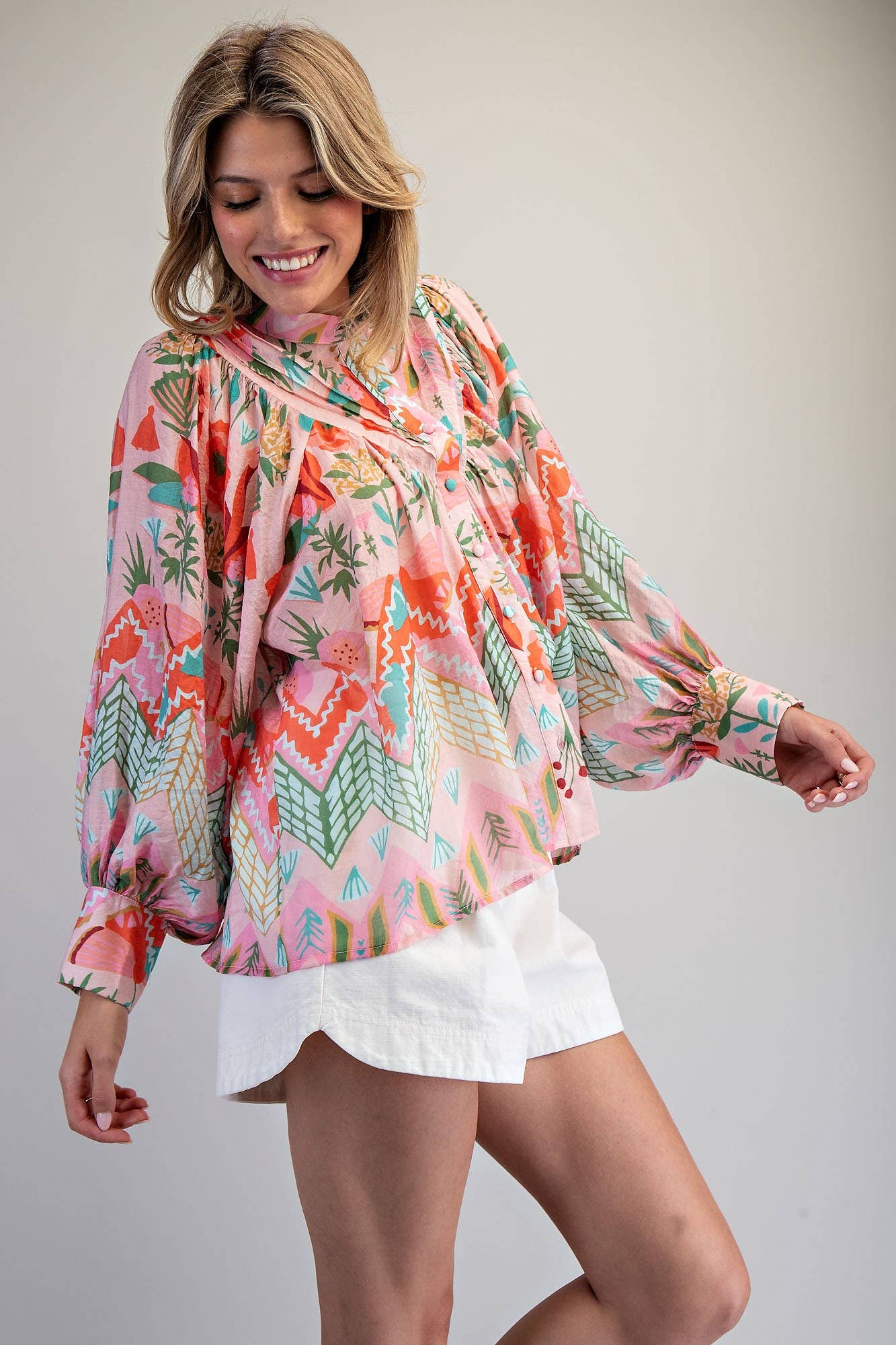 Ocean Pop Floral Pleated Down Blouse