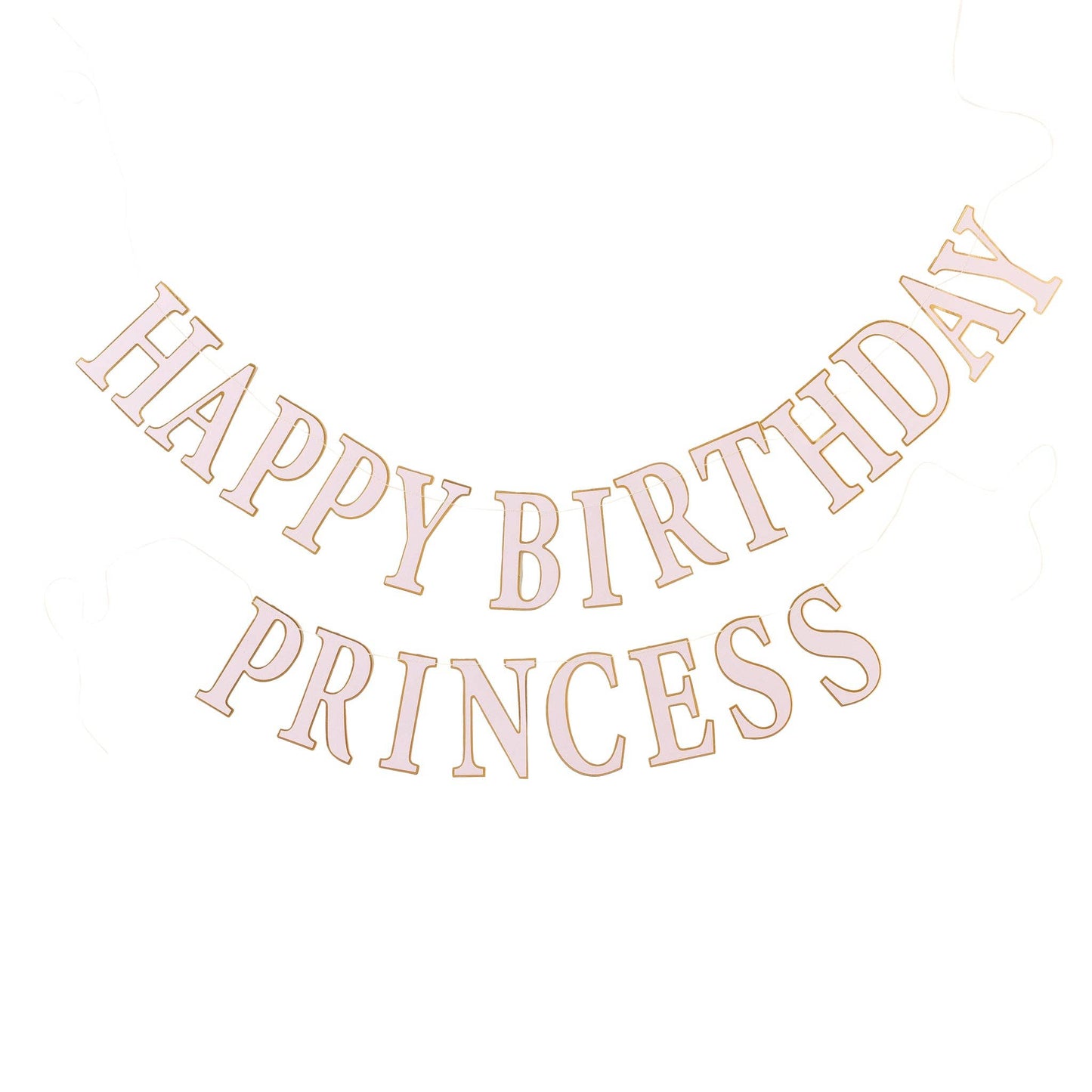 Rose gold 'Happy Birthday Princess' banner on a white background