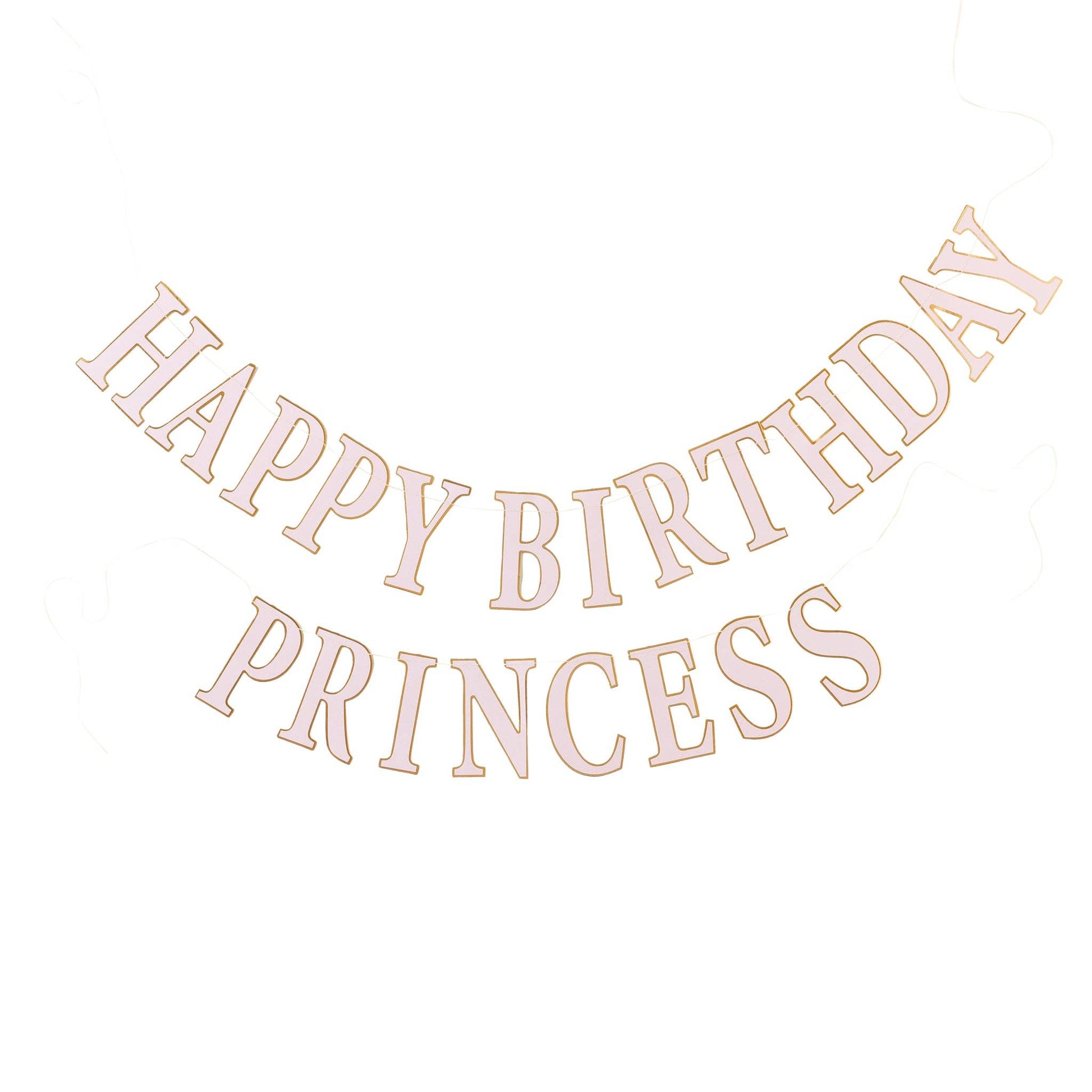 Rose gold 'Happy Birthday Princess' banner on a white background