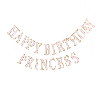 Rose gold 'Happy Birthday Princess' banner on a white background