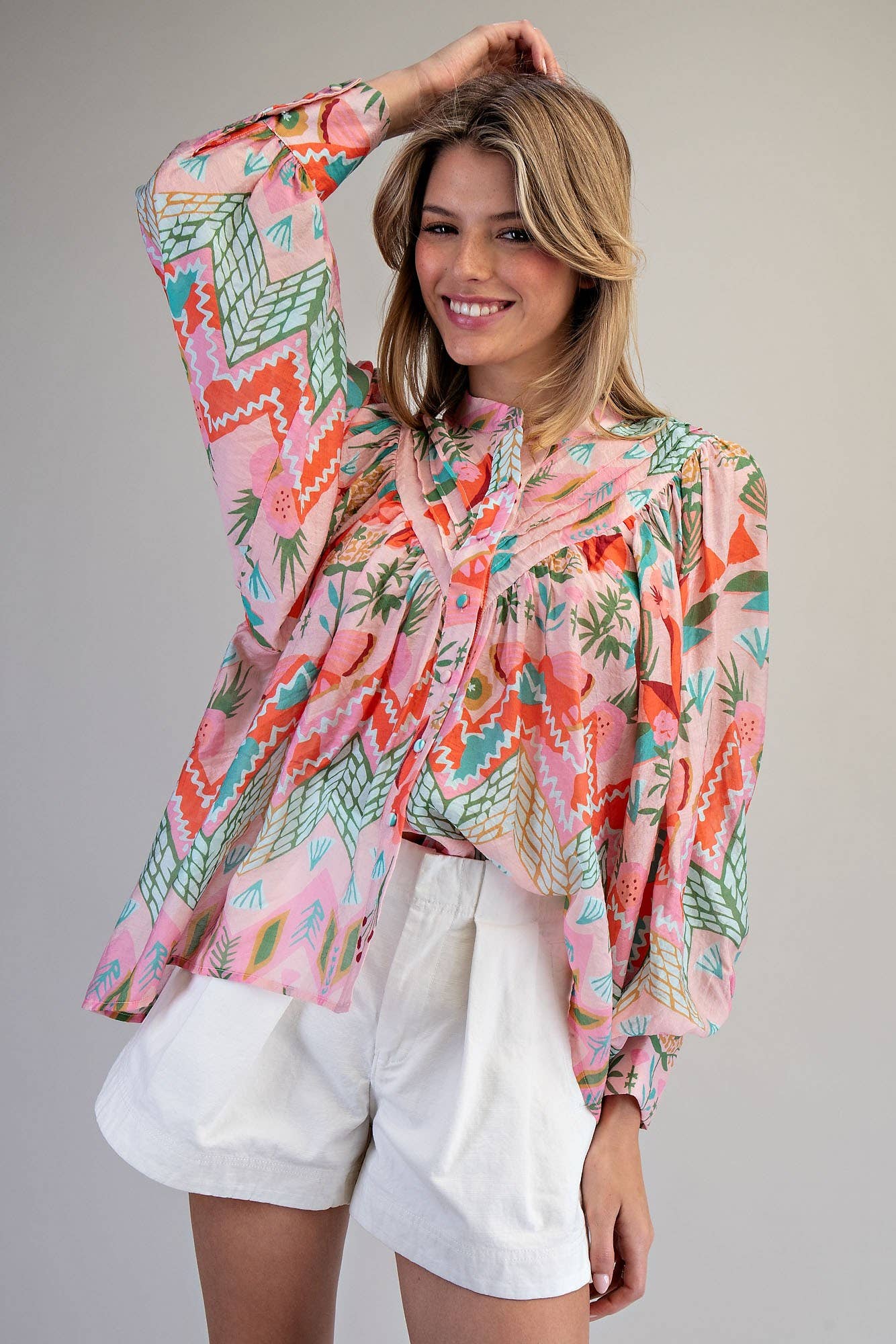 Ocean Pop Floral Pleated Down Blouse