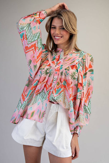 Ocean Pop Floral Pleated Down Blouse