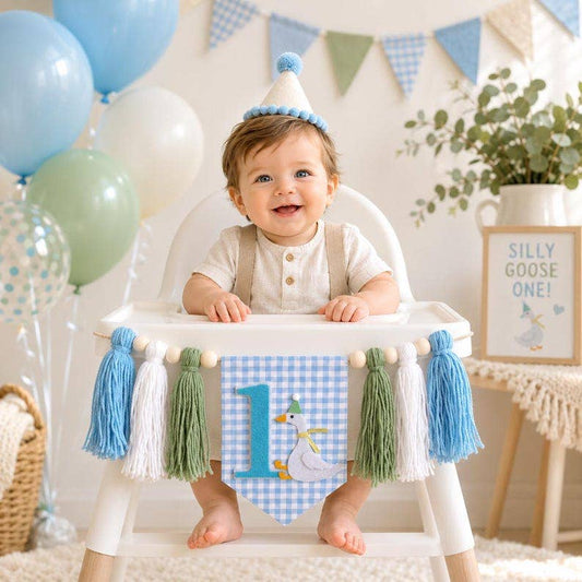 One Silly Goose First Birthday High Chair Banner Blue