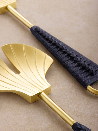 Vitali Shell Brass & Rattan Salad Servers