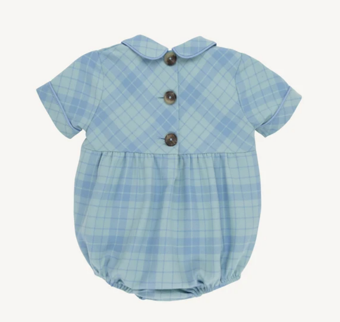 A baby romper in a light blue and mint green plaid pattern, featuring short sleeves, a Peter Pan collar, and three dark brown buttons on the back.