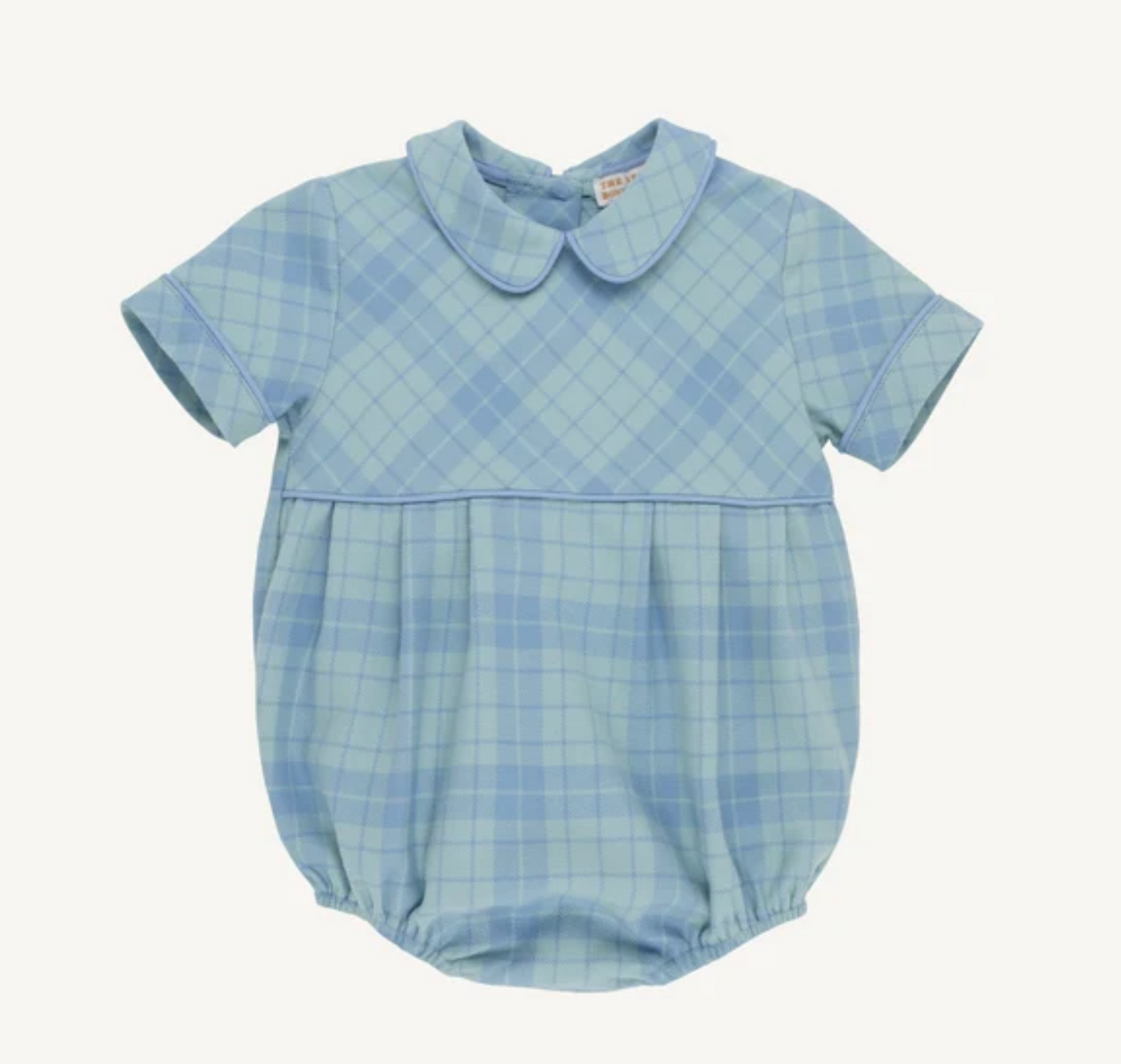 A baby short-sleeve bubble in a light blue and mint green plaid pattern, featuring a Peter Pan collar and a piped waist, shown against a plain off-white background.