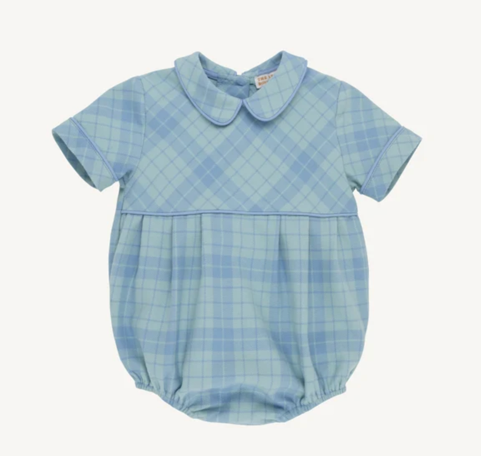 A baby short-sleeve bubble in a light blue and mint green plaid pattern, featuring a Peter Pan collar and a piped waist, shown against a plain off-white background.