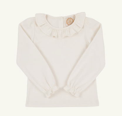 An off-white long-sleeve baby top with a ruffled Peter Pan collar and a small gold embroidered circular detail at the back of the collar, shown on a plain off-white background.