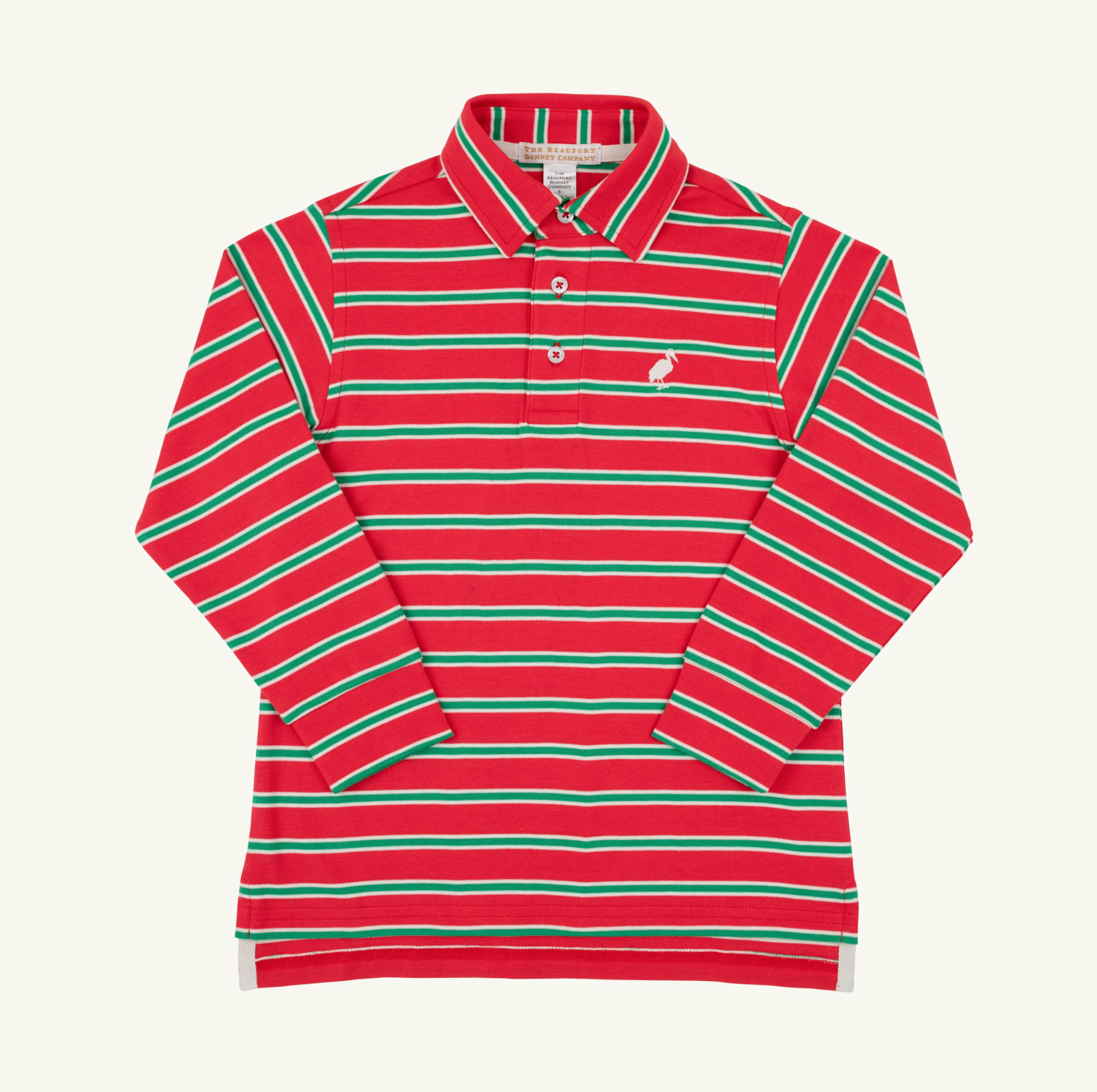 Prim & Proper Polo Stripe Red, Green & Palmetto Pearl Long Sleeve Pima
