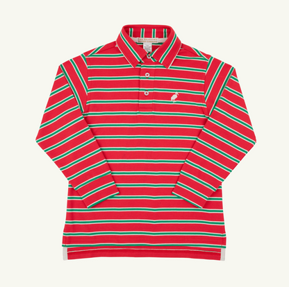 Prim & Proper Polo Stripe Red, Green & Palmetto Pearl Long Sleeve Pima